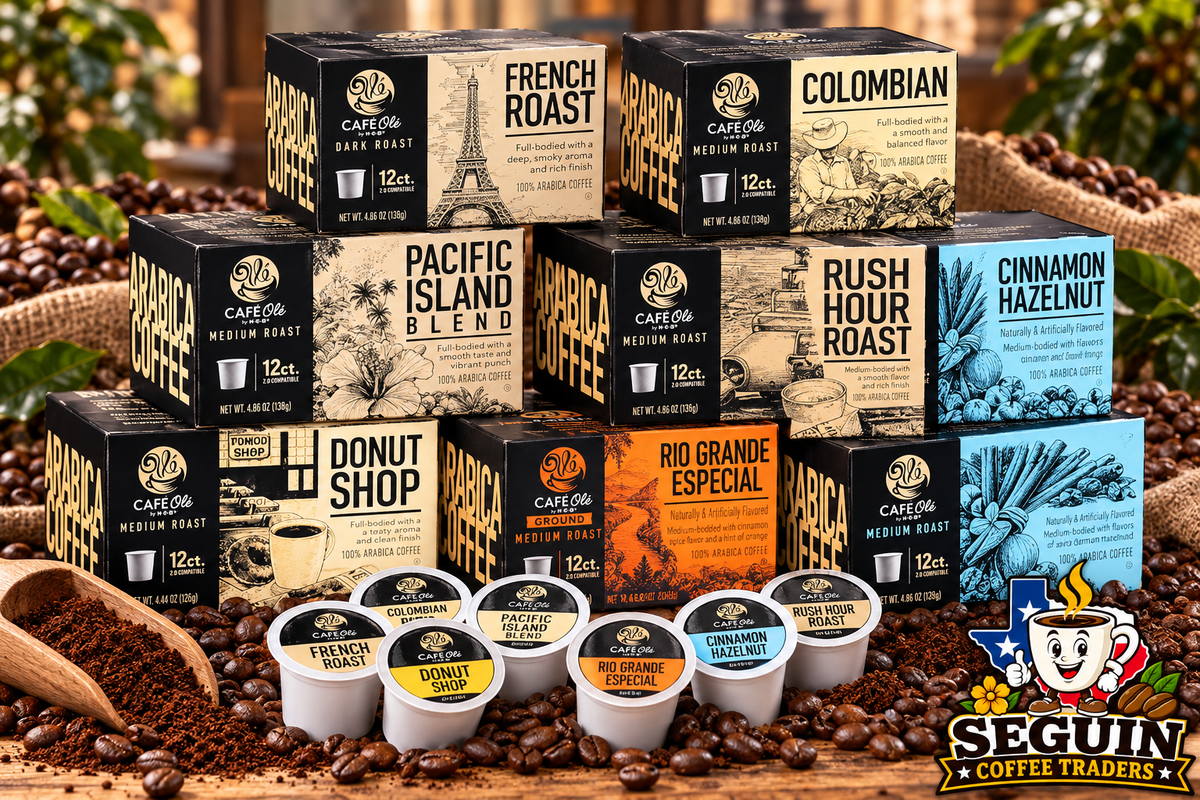 Seguin Coffee Traders graphic of assorted Cafe Ole 12ct k-cup boxes and pods