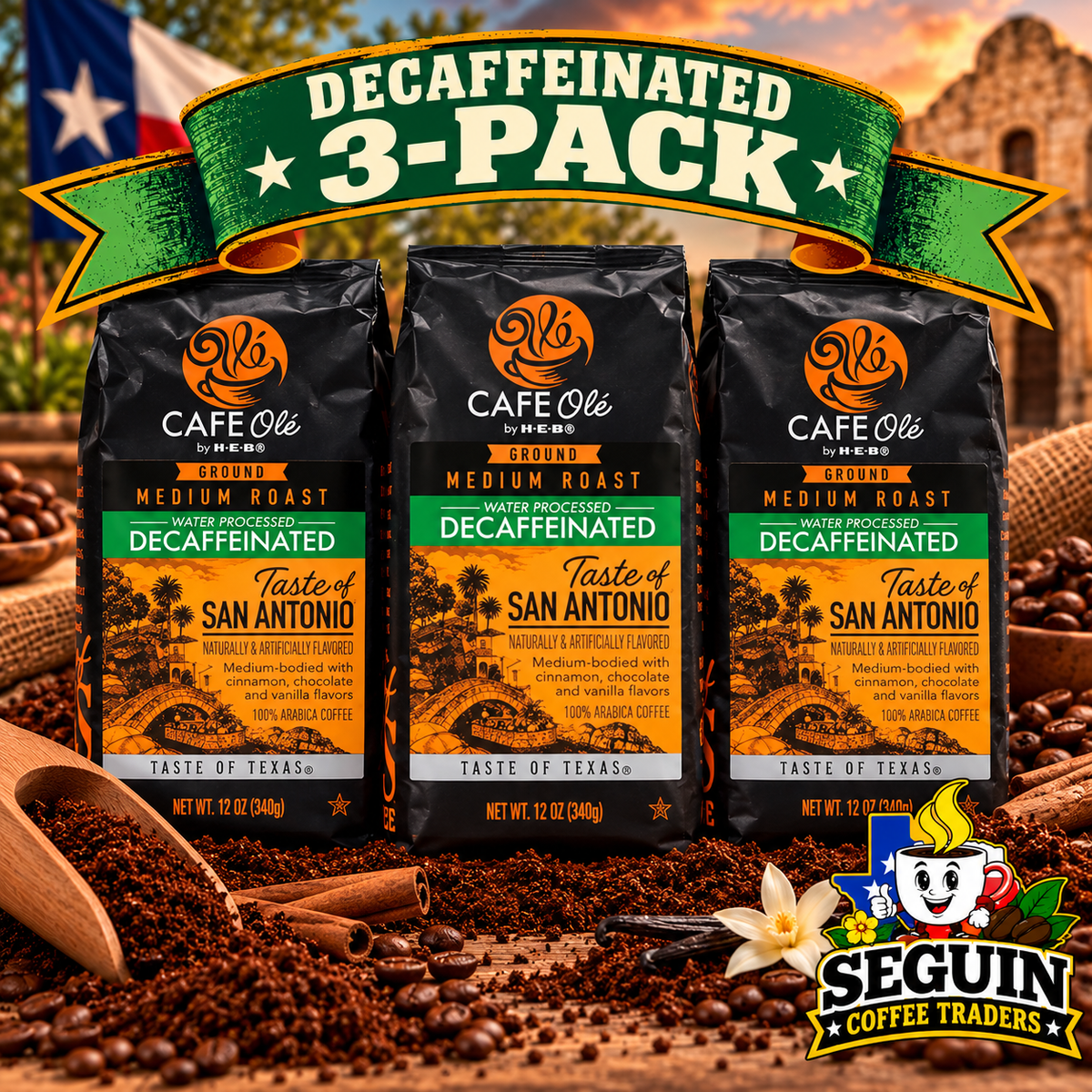 Café Olé Decaf Taste of San Antonio Blend ground coffee 12oz 3-pack bags