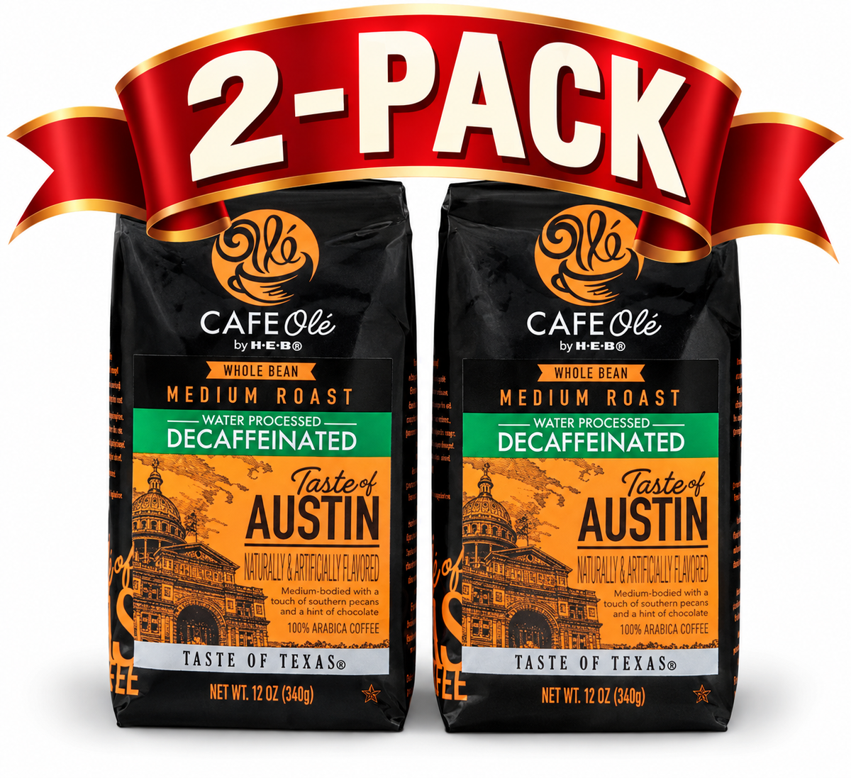 HEB Cafe Ole Decaf Taste of Austin Whole Bean Coffee 12 oz - 2 Bags