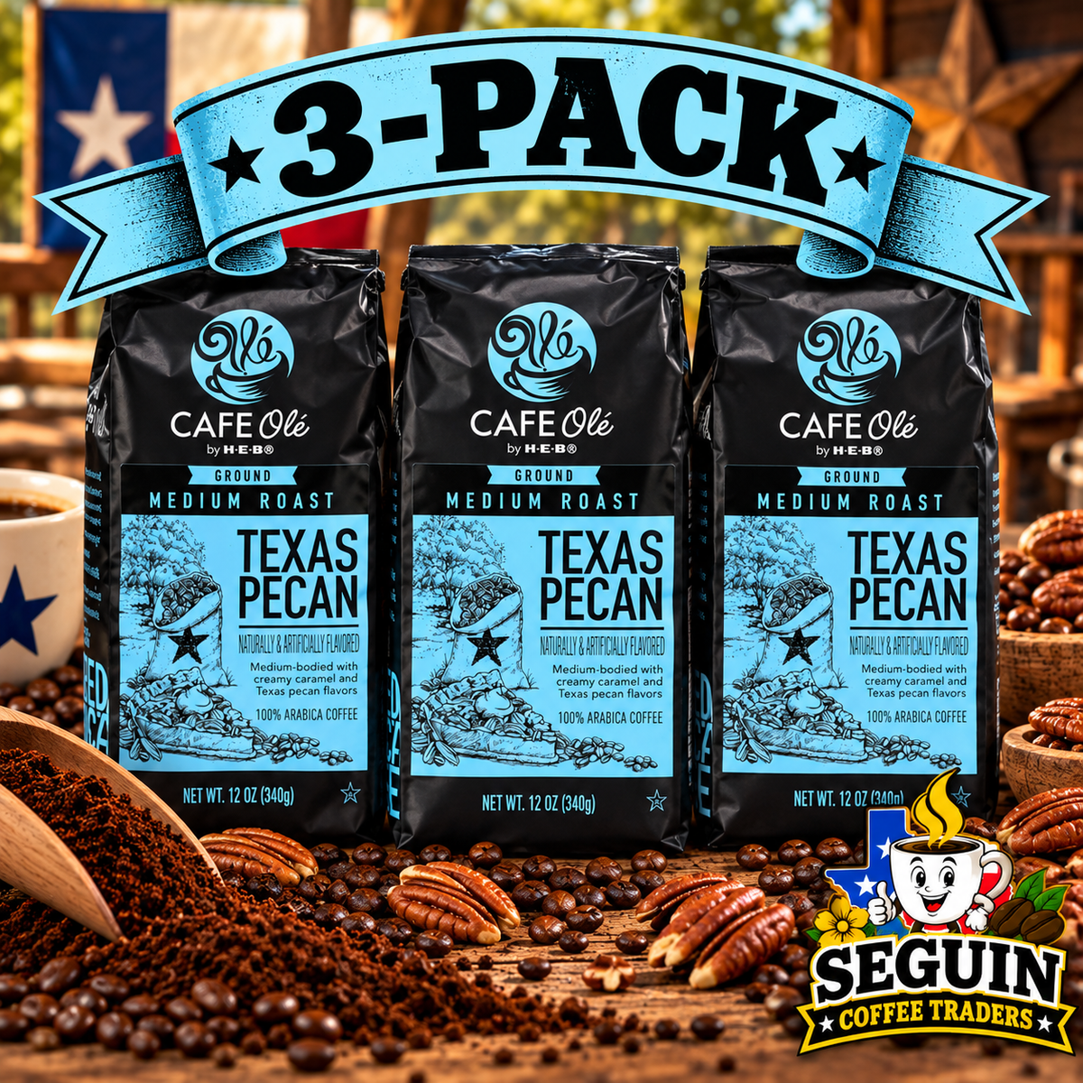 Café Olé Texas Pecan ground coffee 12oz 3-pack bags