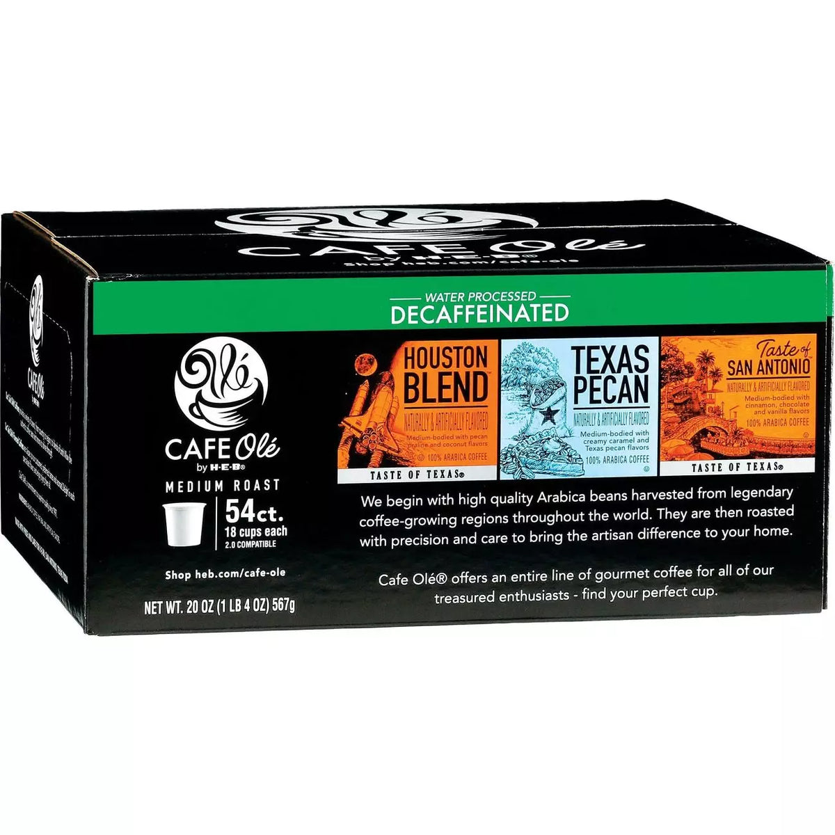HEB Cafe Ole Decaf Variety K-Cups 54 Count (Houston Blend, Texas Pecan & Taste of San Antonio)