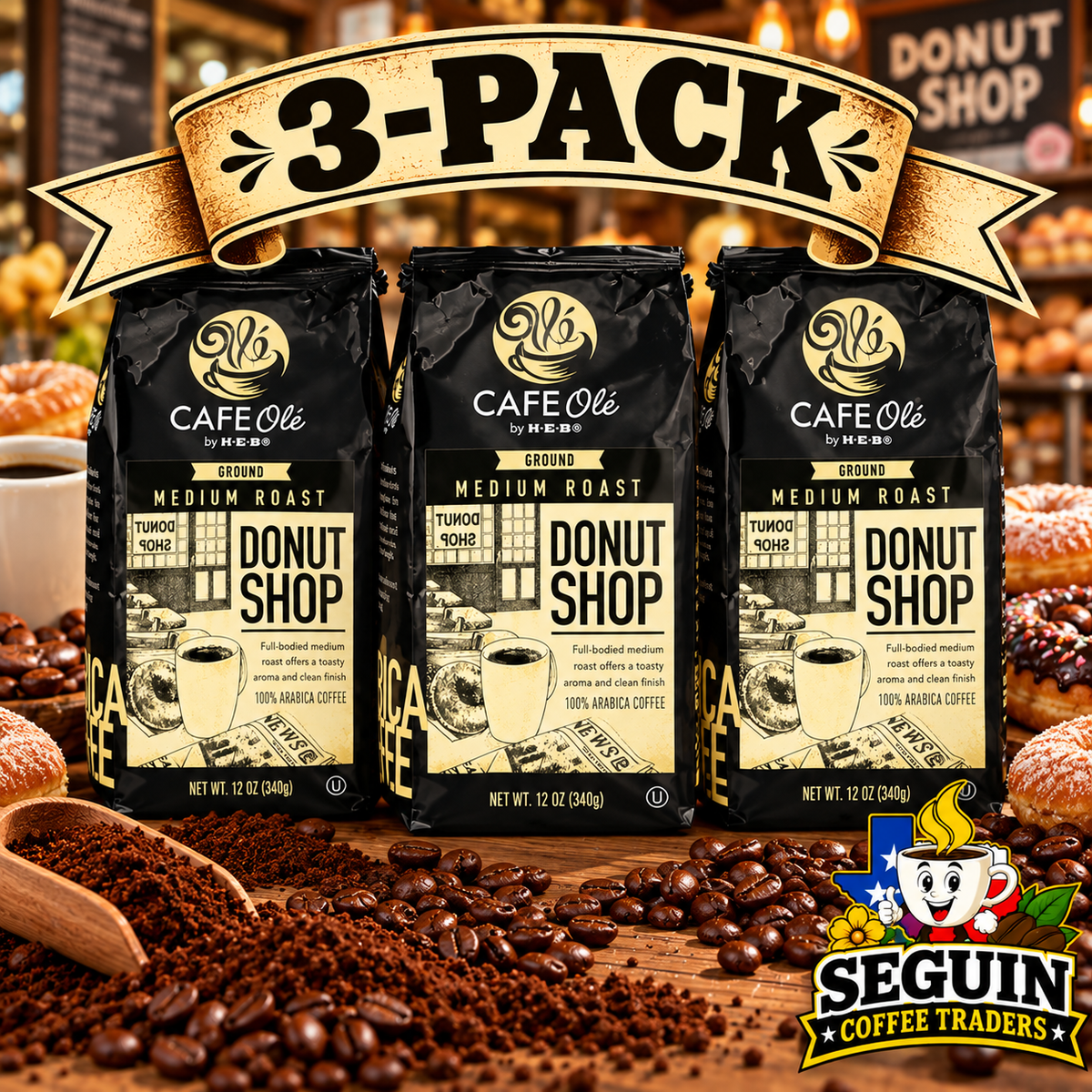 Café Olé Donut Shop Blend ground coffee 12oz 3-pack bags