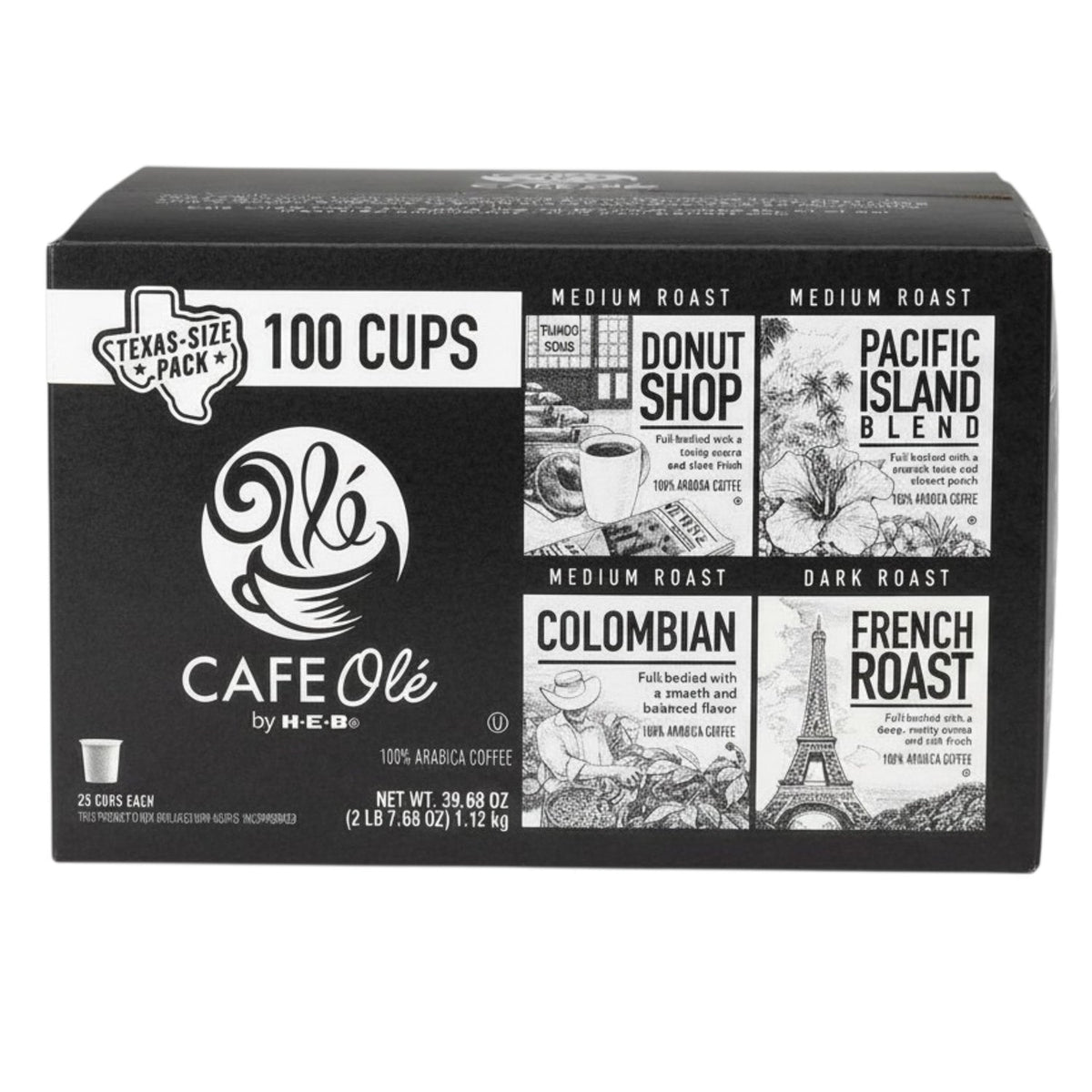 Cafe Ole by H-E-B Texas-Size Pack Variety K-Cups 100 Count Donut Shop Pacific Island Colombian French Roast