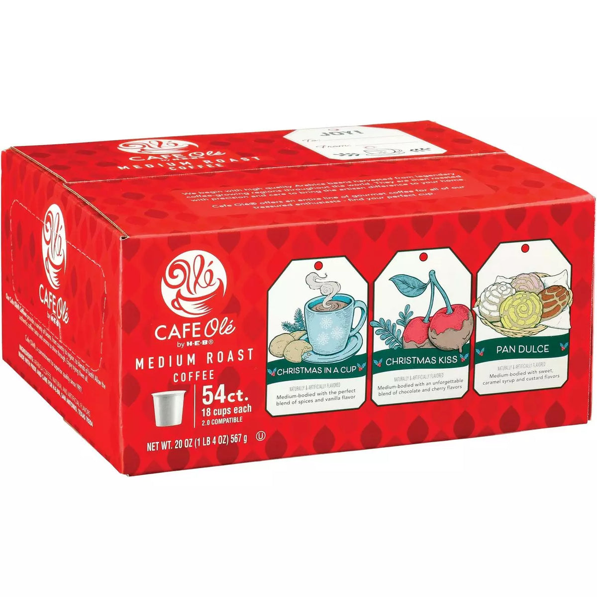 HEB Cafe Ole Holiday Variety Pack 54ct k-cups box: Christmas in a Cup, Christmas Kiss and Pan Dulce